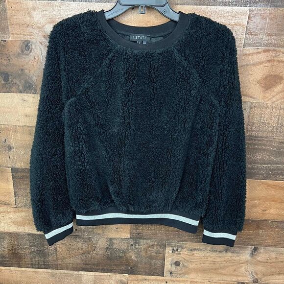 1. State Teddy Fuzzy Sweatshirt Pullover Top Black Silver Metallic Trim Small - Picture 10 of 16